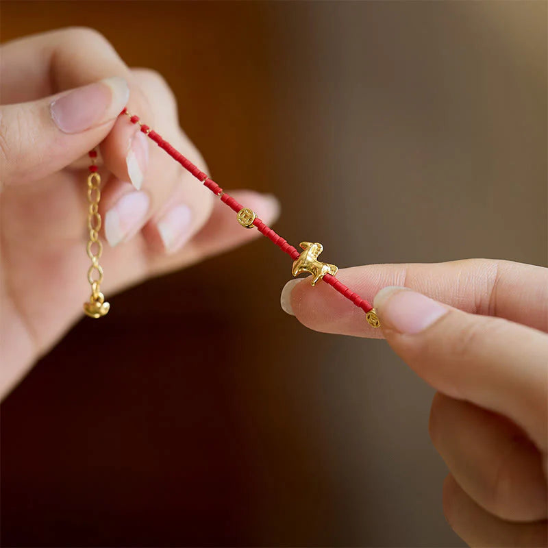 Buddha Stones 925 Sterling Silver Plated Gold Year of the Horse Red Liuli Glass Prosperity Bracelet