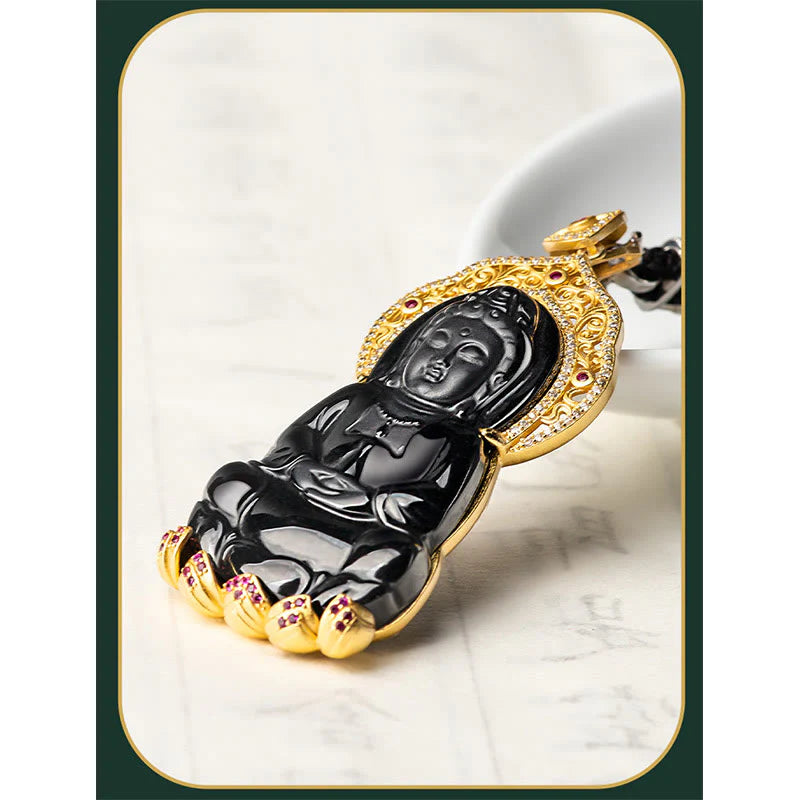 Buddha Stones Natural Black Jade Kwan Yin Avalokitesvara Wealth Titanium Steel Chain Necklace Pendant