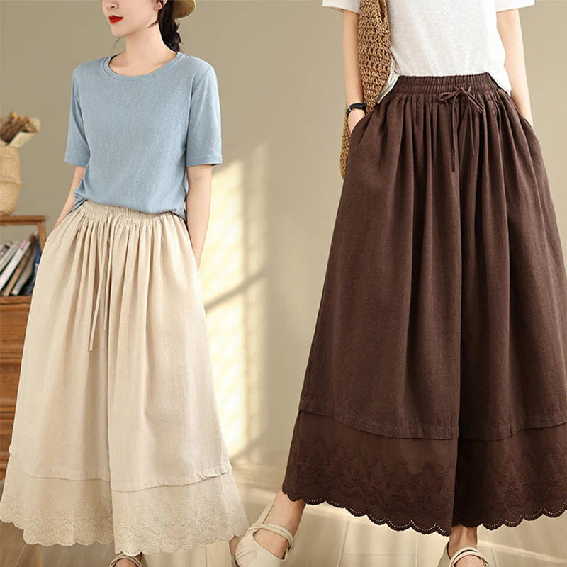 Buddha Stones Spring Embroidery Lace Hem Patchwork Drawstring Design Women's Wide Leg Cotton Pants With Pockets