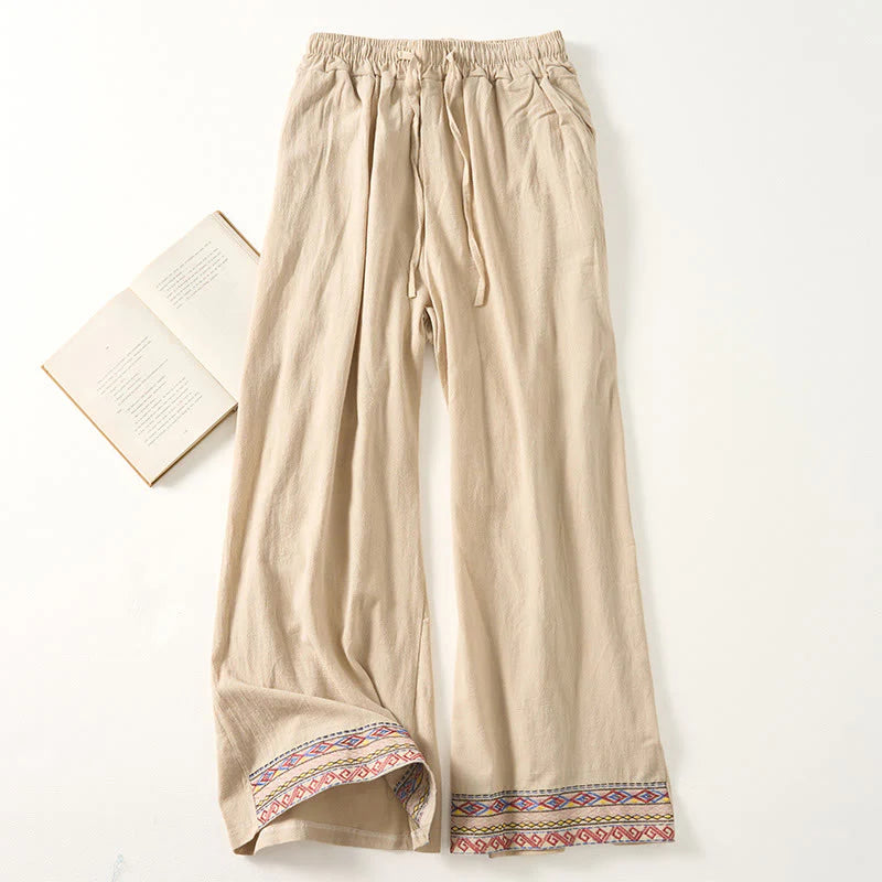 Buddha Stones Plain Bohemian Stripes Women's Wide Leg Pants With Pockets