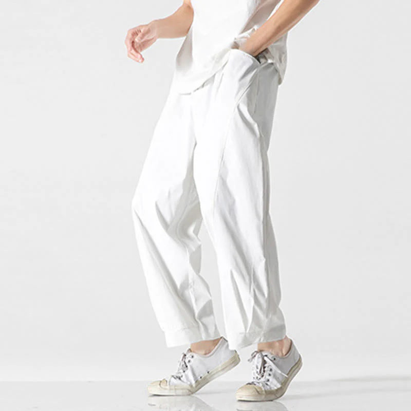 Buddha Stones Summer Solid Drawstring Ankle-Length Men's Cargo Harem Pants With Pockets