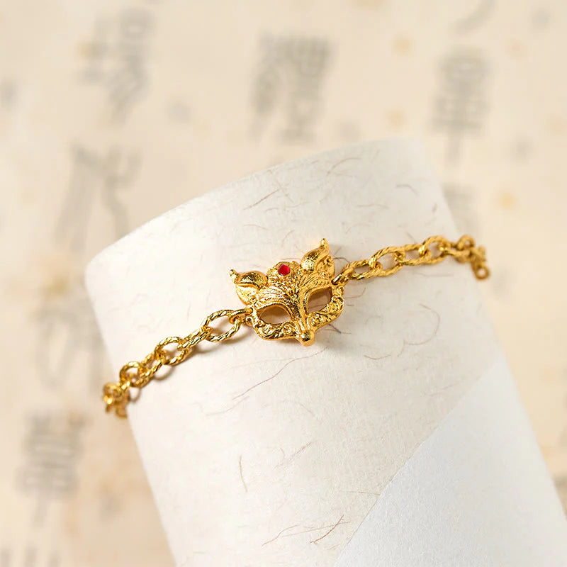 Buddha Stones 24k Gold Plated Brass Fox Design Heart Charm Chain Bracelet