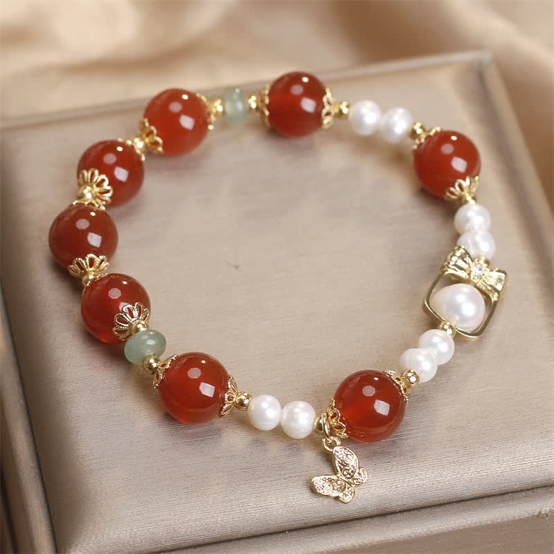 Buddha Stones Natural Red Agate Pearl Butterfly Self-acceptance Bracelet