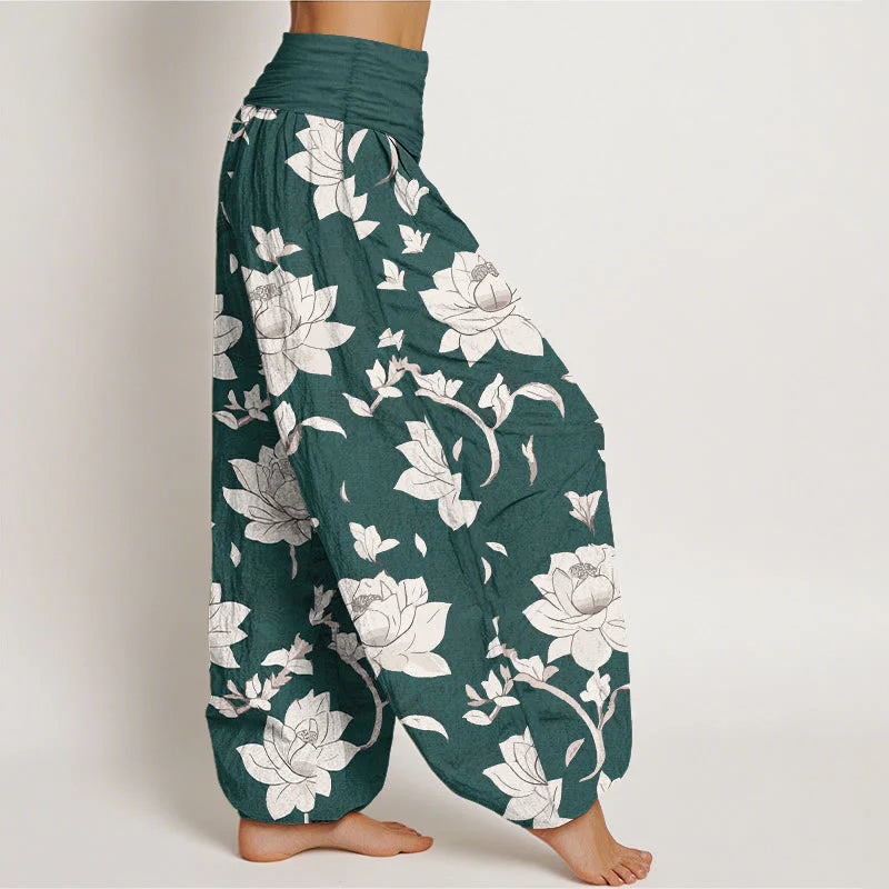Buddha Stones Pure Cotton Beige Lotus Pattern Women's Elastic Waist Harem Pants