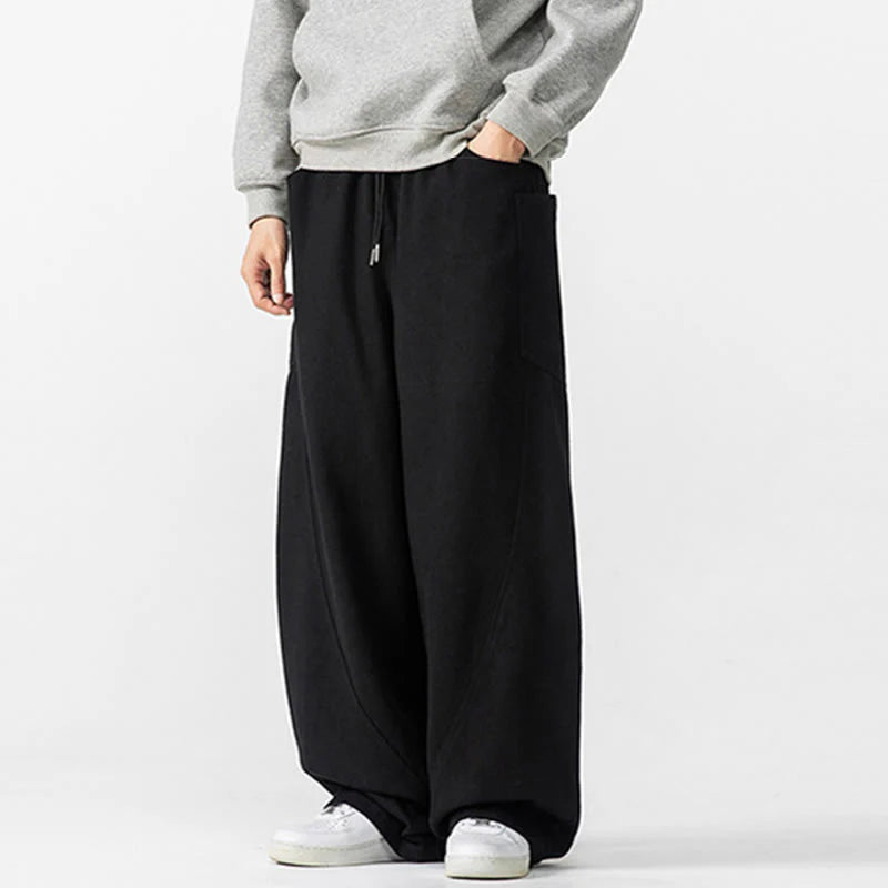 Buddha Stones Fall Pure Color Men's Wide Leg Cotton Drawstring Pants With Pockets