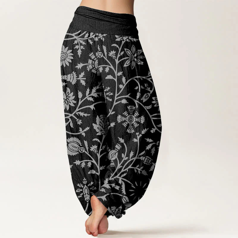 Buddha Stones Cotton Casual Floral Branches Flowing Vines Pattern Women's Elastic Waist Harem Pants