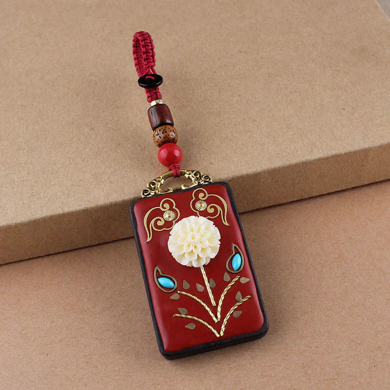 Buddha Stones Ebony Flower Koi Fish Fu Character Button Rope Key Chain