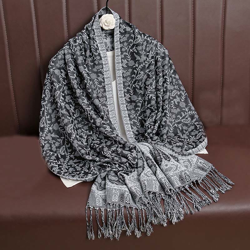 Buddha Stones Tibetan Jacquard Paisley Flower Pattern Color Contrast Design Tassel Cozy Scarf Shawl