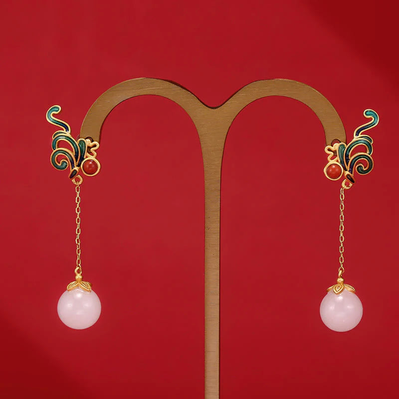 Buddha Stones Vintage White Jade Red Agate Bead Blessing Drop Dangle Earrings