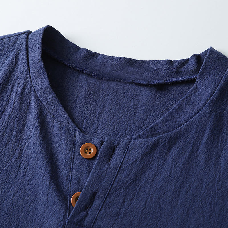 Buddha Stones Loose Men's T-shirt Solid Color Top Short Sleeve Button Notched Neck Soft Shirt