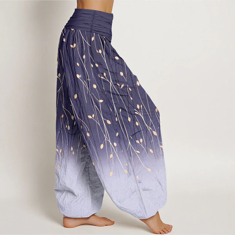 Buddha Stones Branches Leaves Pattern Gradient Women's Elastic Waist Pure Cotton Harem Pants