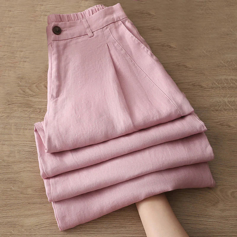 Buddha Stones Casual Retro Plain Women's Cotton Wide Leg Pants With Pockets Zipper