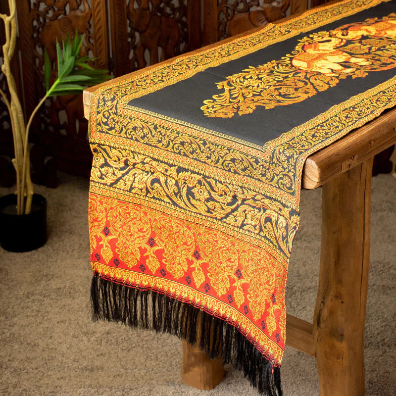 Buddha Stones Vintage Elephant Pattern Tassels Strength Table Runner Home Decoration (Extra 35% Off | USE CODE: FS35)