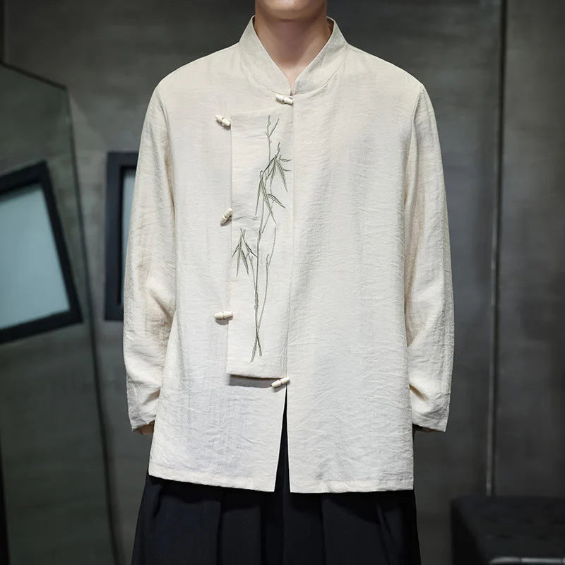 Buddha Stones Fall Solid Color Bamboo Leaf Embroidery Men's Long Sleeve Cotton Linen Shirt