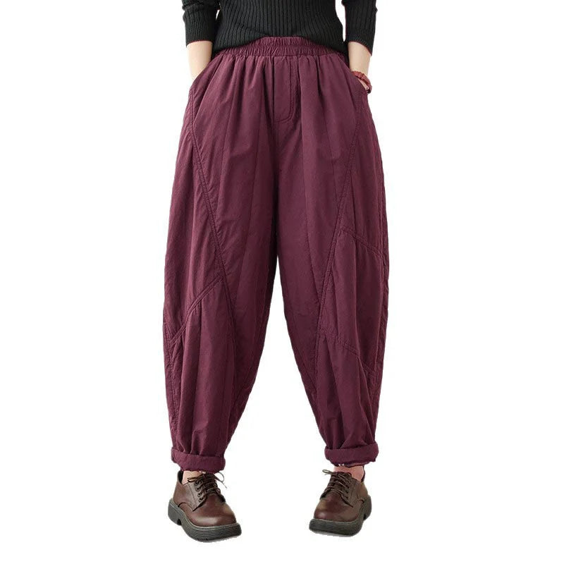 Buddha Stones Winter Plain High Waist Cotton Women's Harem Thermal Elastic Waist Pants With Pockets