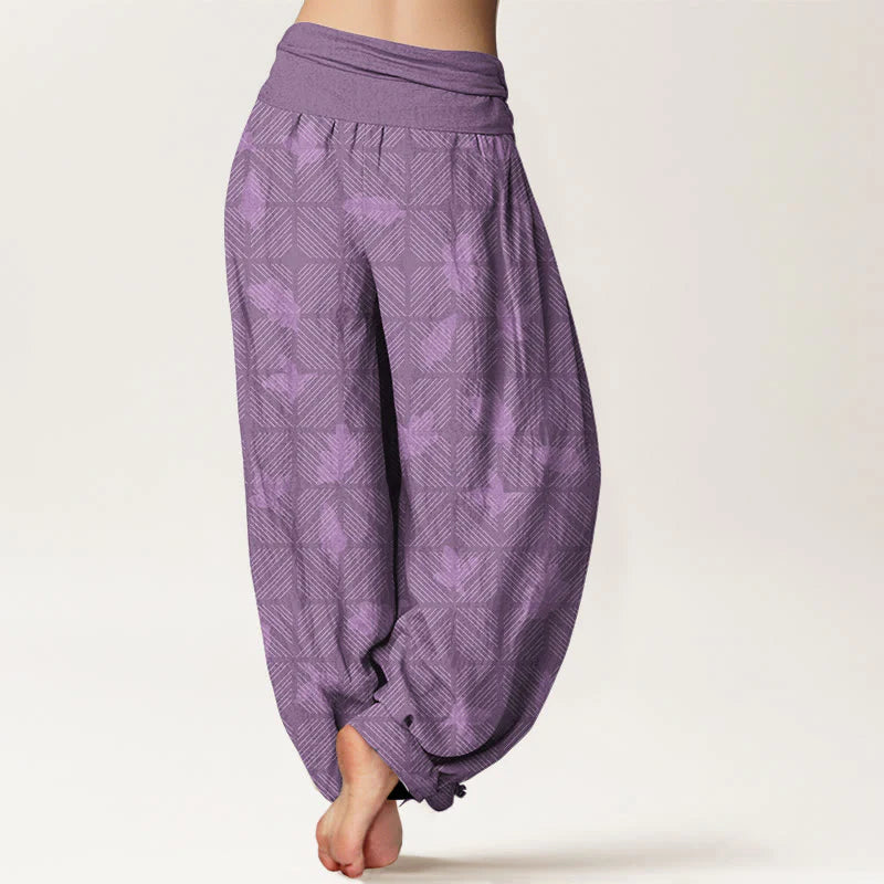 Buddha Stones Cotton Neatly Arranged Checkered Leaf Pattern Women's Elastic Waist Harem Pants