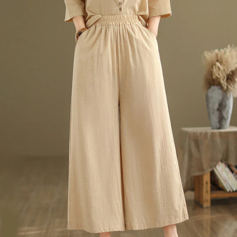 Buddha Stones 2pcs Casual Women's Stand Collar Shirt Loose Pants Meditation Clothing Set
