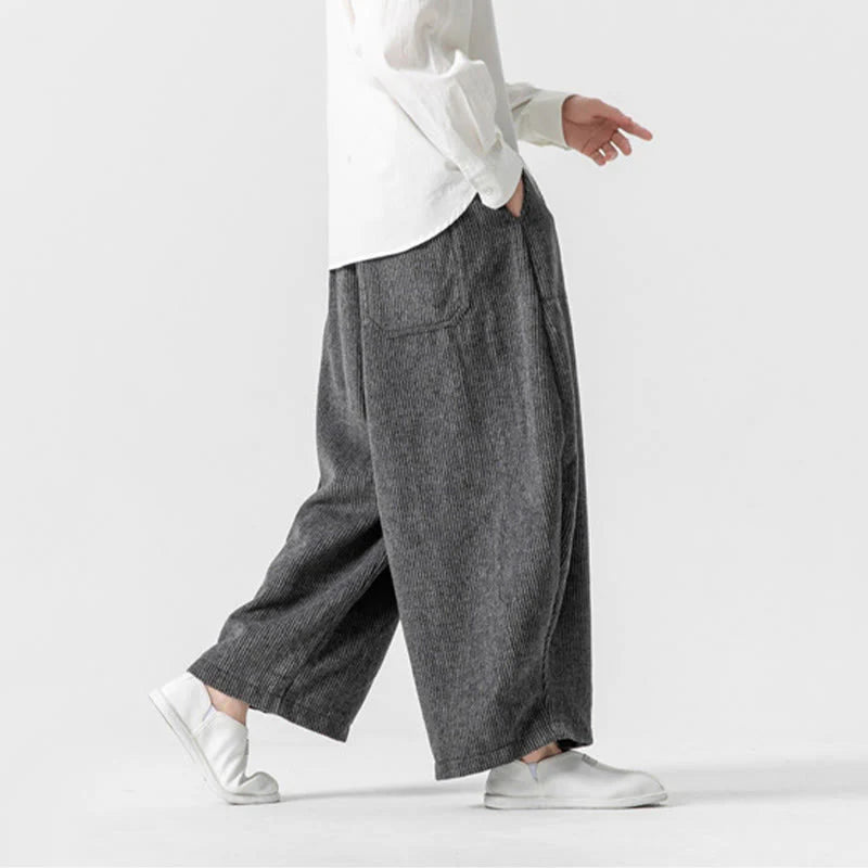 Buddha Stones Daily Solid Color Drawstring Design Men's Wide Leg Cotton Pants With Pockets