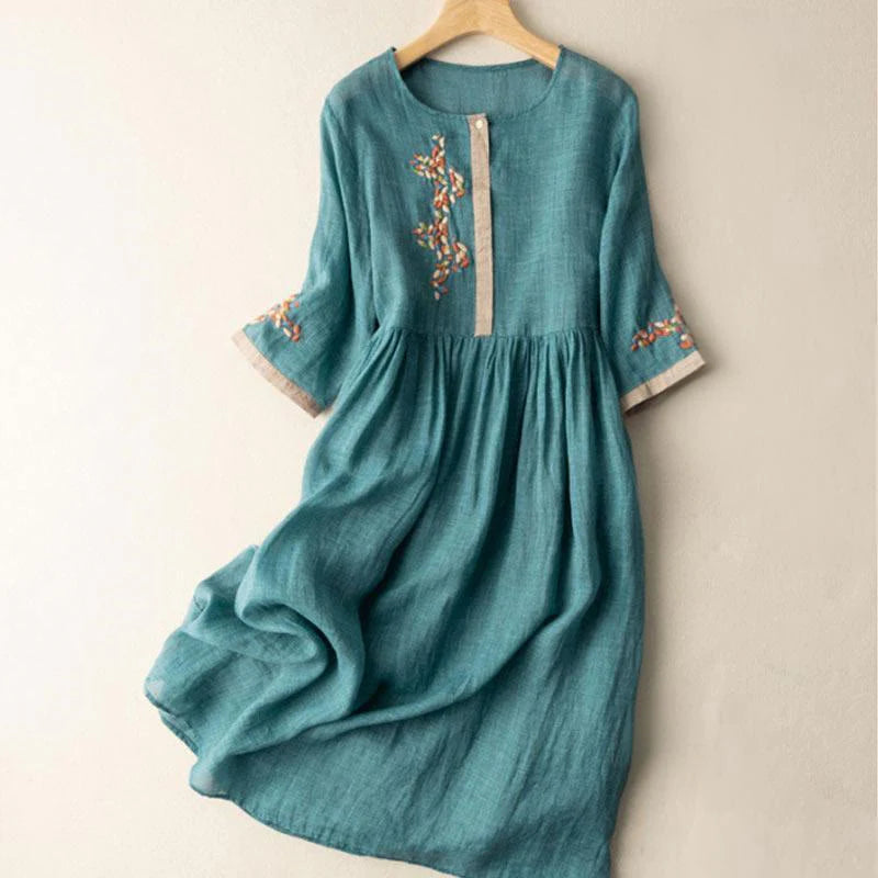 Buddha Stones Spring Ethnic Embroidery Half Sleeve Cotton Linen Women's Midi Dress