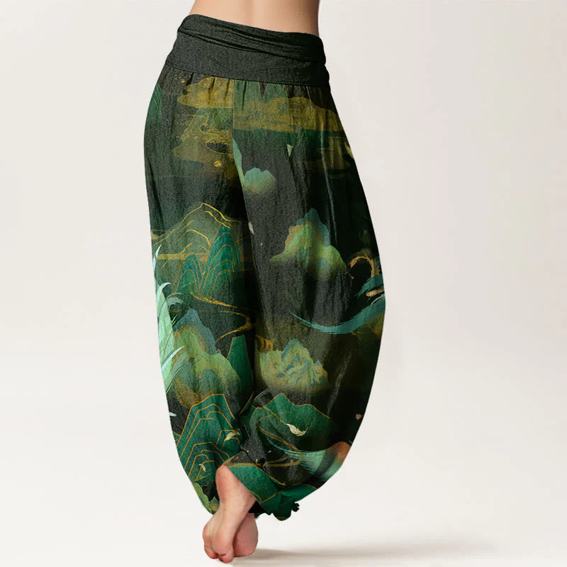 Buddha Stones Cotton Phoenix Mountain Cloud Pattern Women's Elastic Waist Harem Pants