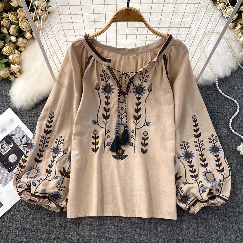 Buddha Stones Casual Embroidery Flower Leaf Pattern Women's Cotton Linen Round Neck T-shirt