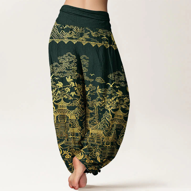 Buddha Stones Cotton Classical Architecture Landscape Animal Auspicious Clouds Pattern Women's Elastic Waist Harem Pants