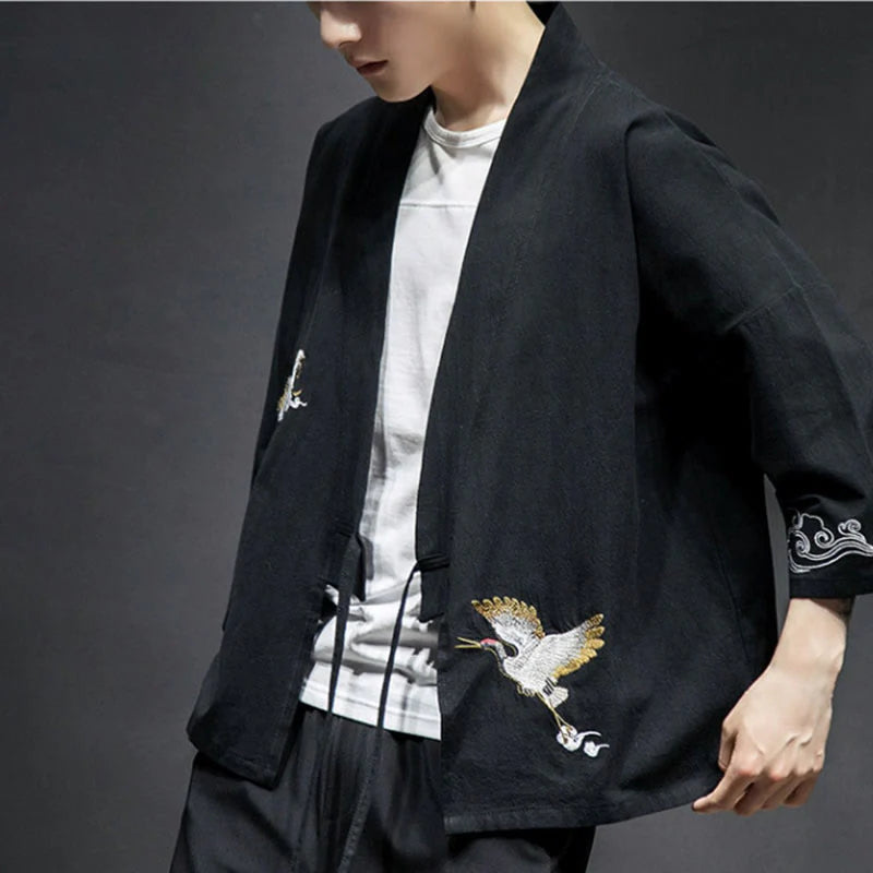 Buddha Stones Embroidery Open Front Jacket Cotton Linen Men's Three Quarter Sleeve Kimono