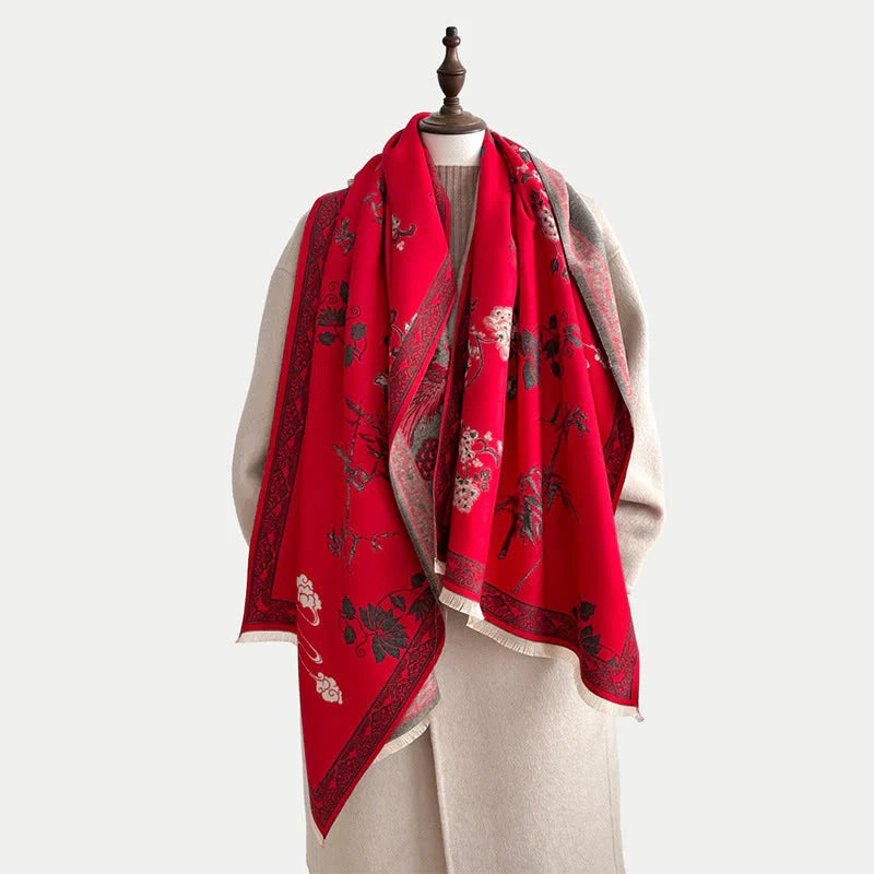 Buddha Stones Winter Birds Bamboo Leaves Vines Pattern Soft Scarf Shawl