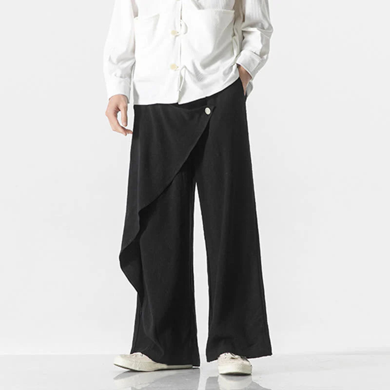 Buddha Stones Asymmetrical Patched Design Plain Men's Cotton Pants With Pockets