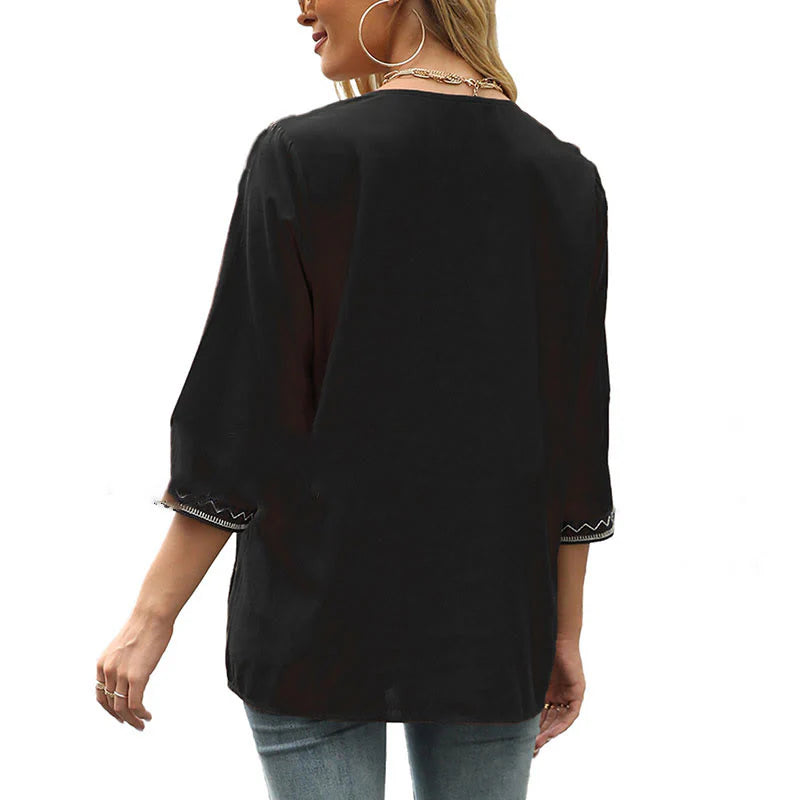 Buddha Stones Spring Casual Plain Embroidery Floral Pattern Design Three Quarter Sleeve V-neck Women's T-Shirt