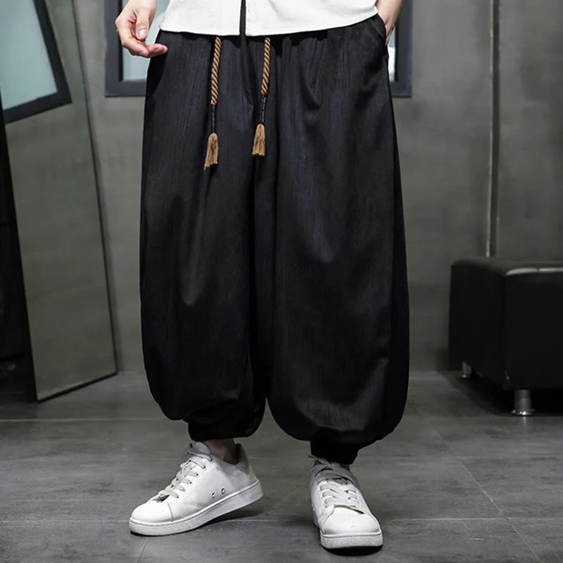 Buddha Stones Casual Daily Pure Color Drawstring Design Men's Harem Pants With Pockets