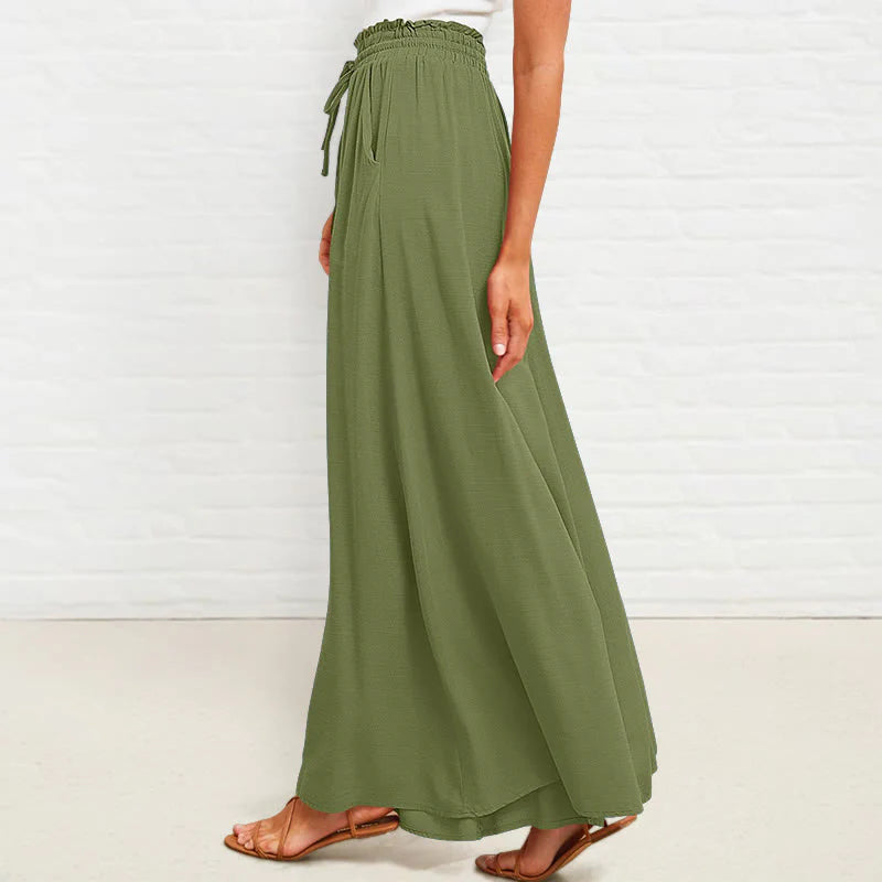 Buddha Stones Casual High Elastic Waist Plain Loose Women's Polyester Wide Leg Pants With Pockets