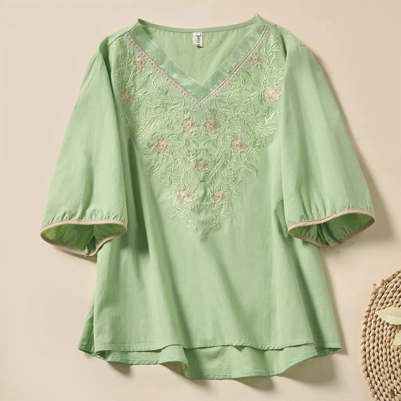 Buddha Stones Casual Floral Leaf Pattern V-Neck Women's Polyester Short Sleeve T-shirt