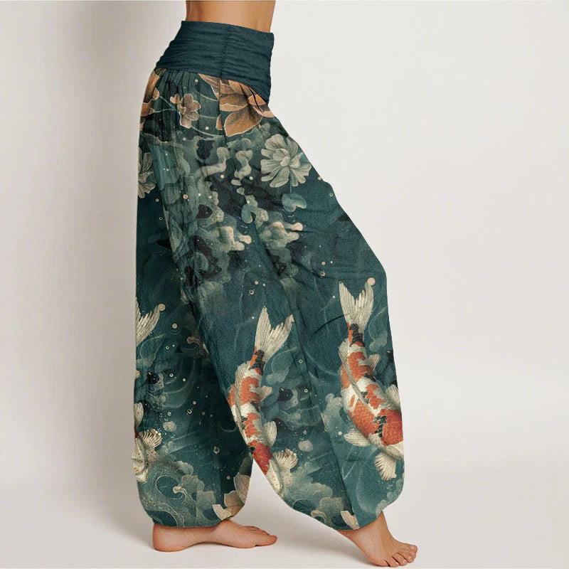 Buddha Stones Cotton Colorful Koi Fish Lotus Flowers Design Women's Elastic Waist Harem Pants