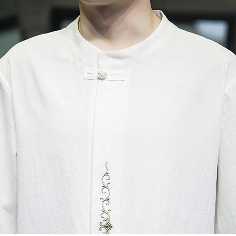 Buddha Stones Casual Solid Color Frog-Button Embroidery Men's Cotton Linen Shirt Cardigan
