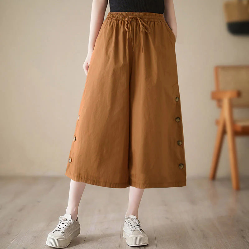 Buddha Stones Plain Buttoned Side Design Capri Cropped Women's Wide Leg Pants With Pockets