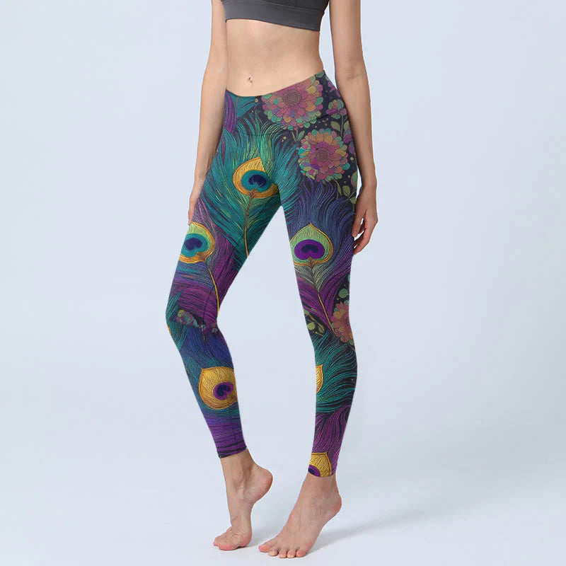 Buddha Stones Gorgeous Peacock Feather Flower Pattern Print Gym Leggings Women's Yoga Pants