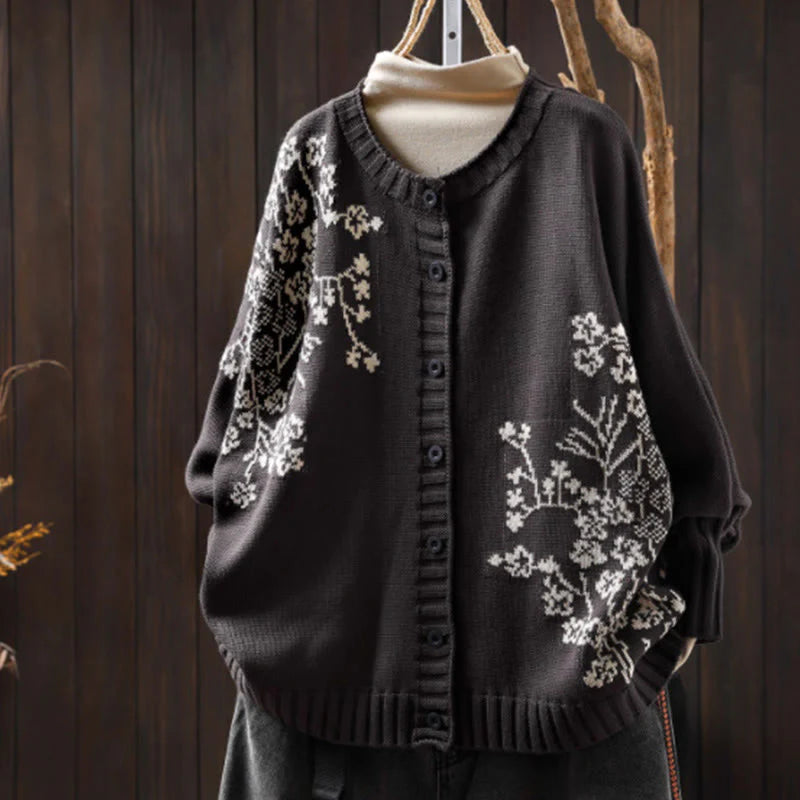 Buddha Stones Floral Buttons Cotton Women's Long Batwing Sleeve Knitted Cardigan