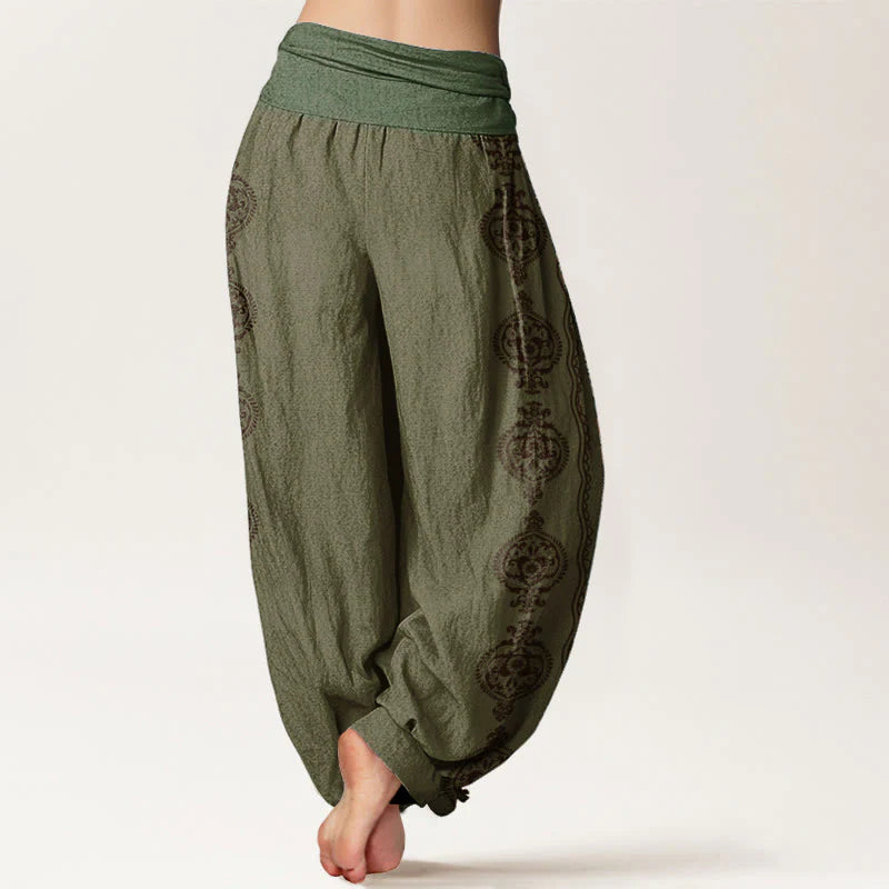 Buddha Stones Pure Cotton Mandala Om Mani Padme Hum Women's Elastic Waist Harem Pants