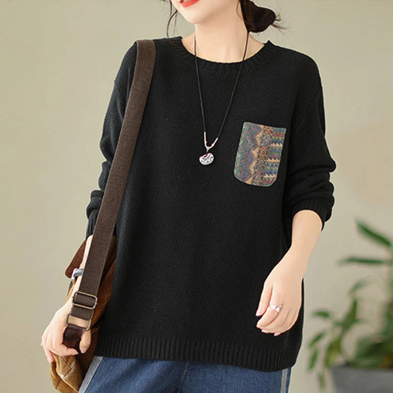 Buddha Stones Fall Floral Decorative Pocket Pattern Knitted Cotton Women's Long Sleeve Sweater