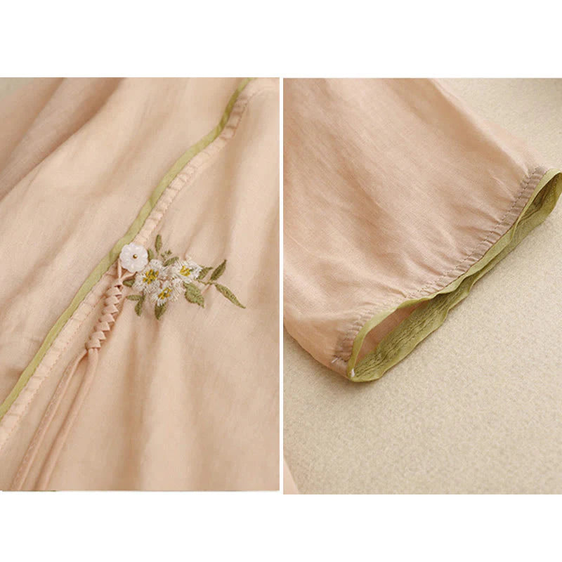 Buddha Stones Beige Floral Green Leaf Embroidery Crew Neck Three Quarter Sleeve Women's Cotton Shirt