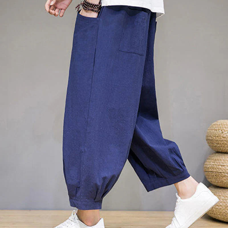 Buddha Stones Casual Plain Men's Cotton 7-8 Length Harem Pants With Pockets