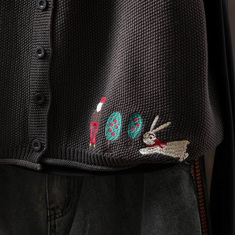 Buddha Stones Figure Rabbit Tree Embroidery Buttons Women's Sleeveless Cotton Knitted Vest Waistcoat