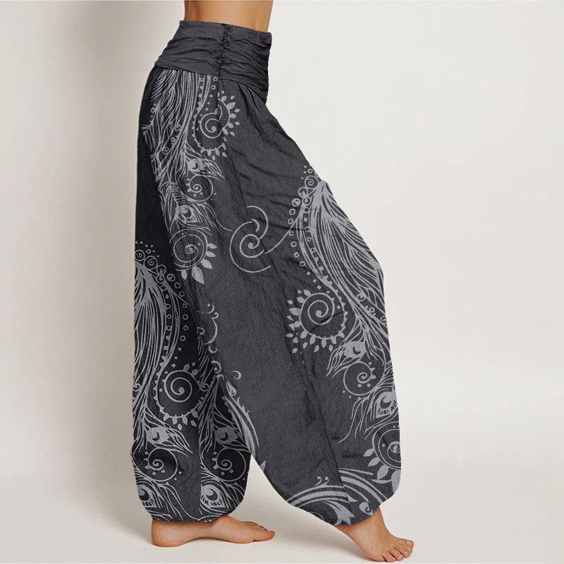 Buddha Stones Cotton Casual Peacock Design Women's Elastic Waist Harem Pants