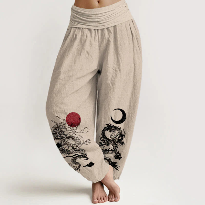 Buddha Stones Pure Cotton Dragon Sun Moon Pattern Women's Elastic Waist Harem Pants