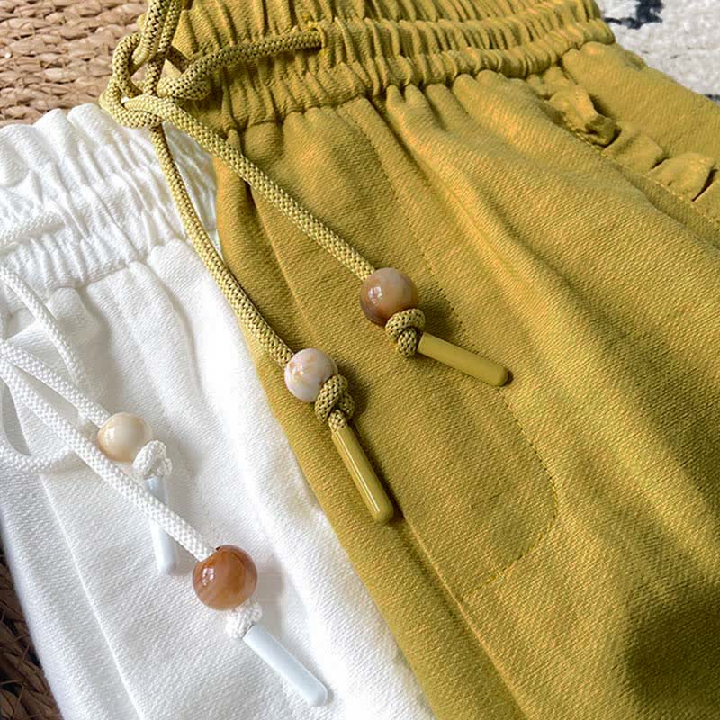 Buddha Stones Summer Drawstring Ruffle Elastic Waist Women's Shorts With Pockets