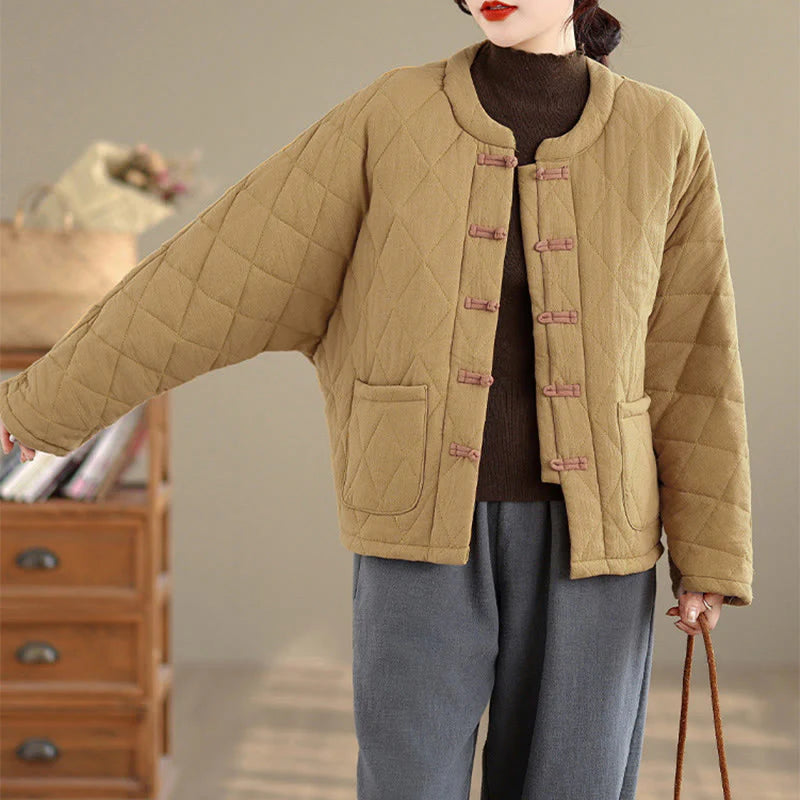 Buddha Stones Winter Frog-Button Diamond-shaped Lines Cotton Long Sleeve Women's Thermal Jacket With Pockets