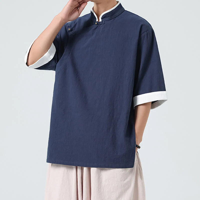 Buddha Stones Vintage Spring Color Matching Collar Slanted Placket Design Men's Half Sleeve Cotton Linen Shirt
