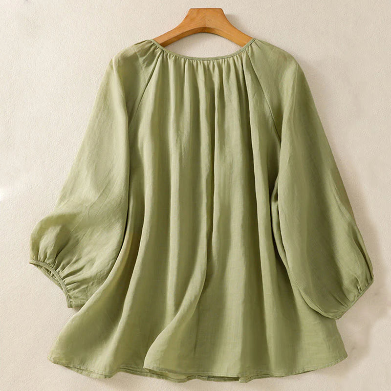 Buddha Stones Plain Button Crew Neck Three Quarter Sleeve Women's Cotton Shirt