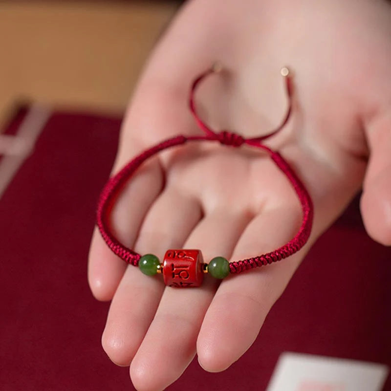 Buddha Stones Tibetan Cinnabar Om Mani Padme Hum Engraved Blessing Braided Rope Bracelet